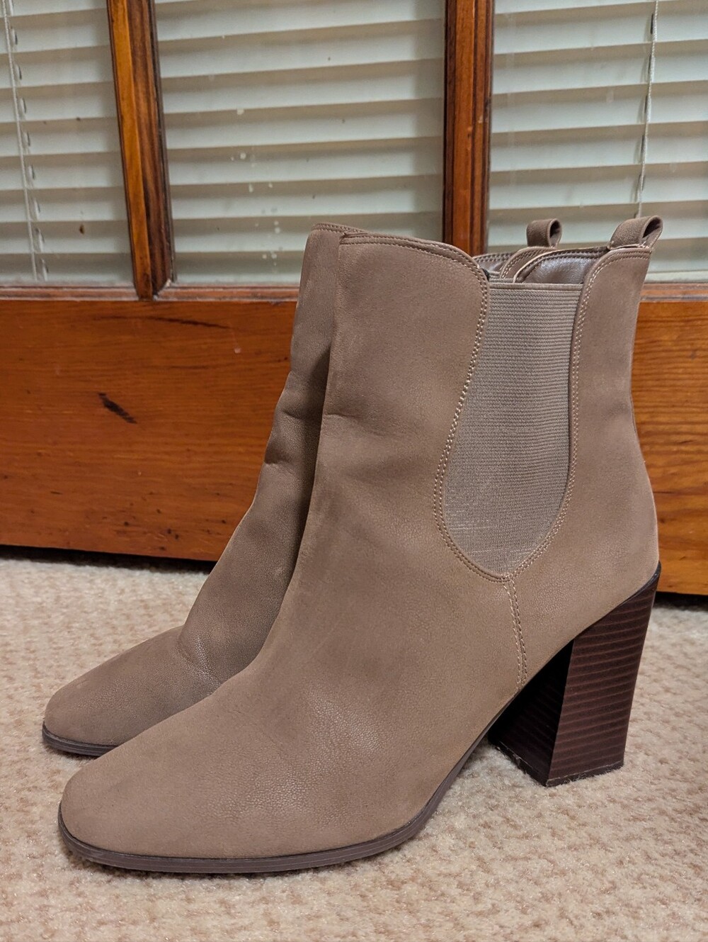 Taupe Suede Block Heel Ankle Boots